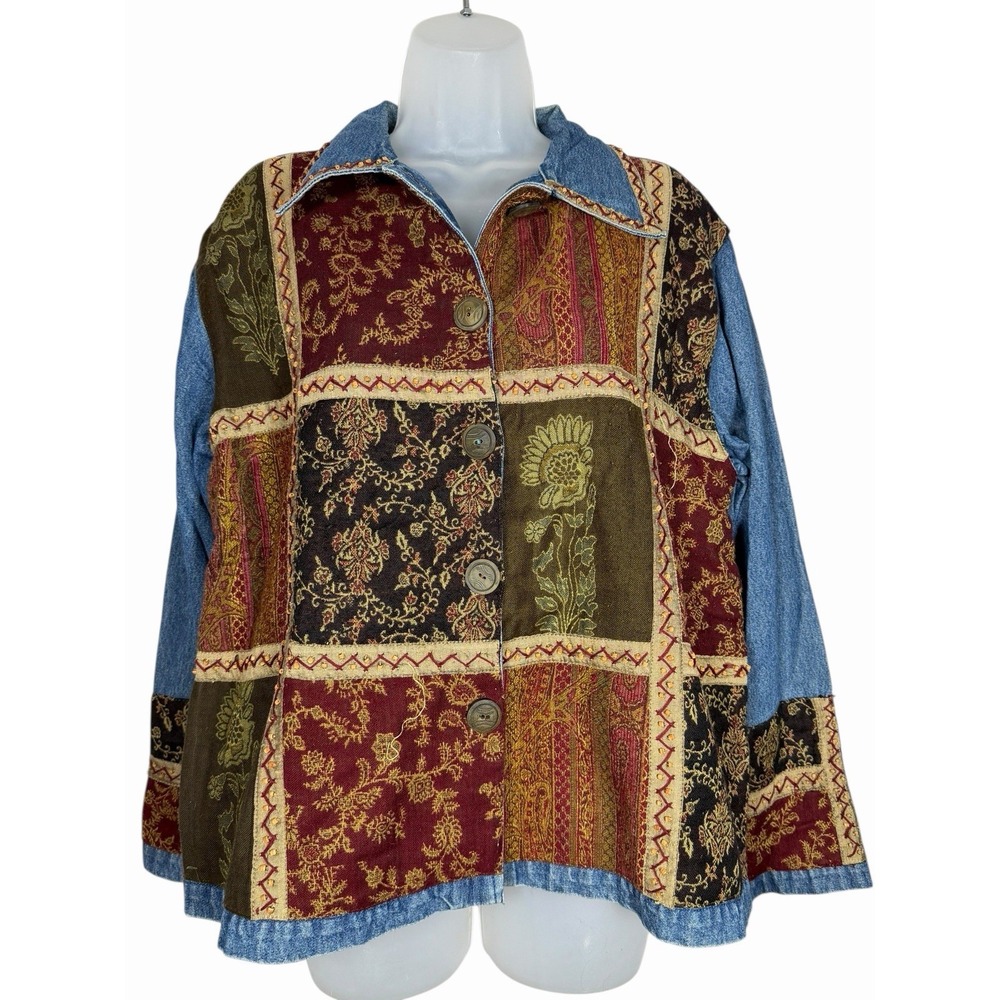 Vintage Patchwork Tapestry Denim Jacket Women's Large Boho Hippie Button‎ Front